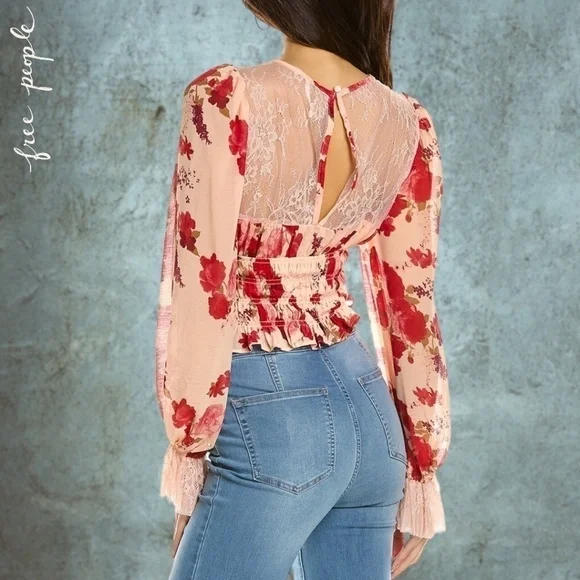 FREE PEOPLE Daphne Rose/Floral Long Sleeve Sheer Lace Ruched Blouse-Sm NWT - Picture 8 of 16